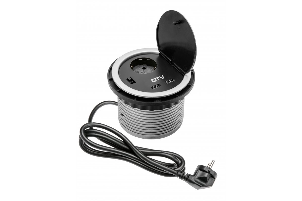 Rejtett dugalj Ø100 mm, 1x230V, 2xUSB-A 2A, kábel 1,5 m, szürke