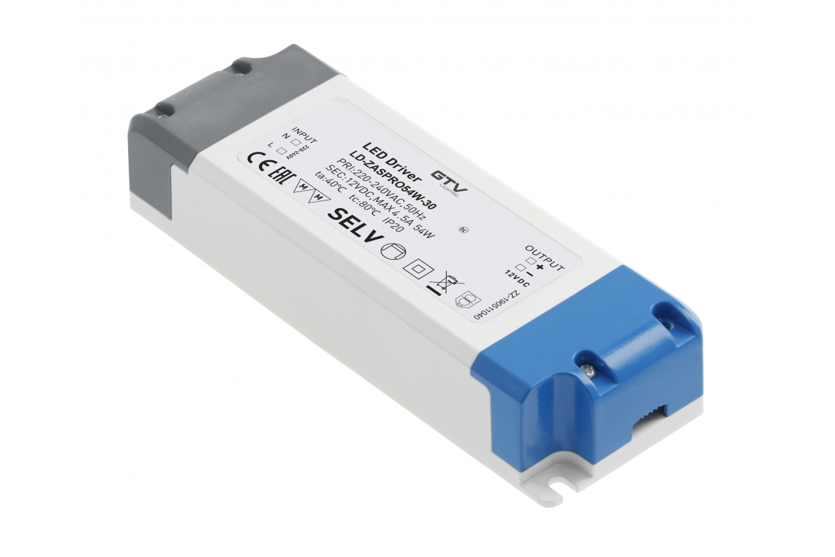 LED tápegység PRO 12V, 54W, bemenet 220-240VAC, IP20, külső menetes 155x53x30 mm